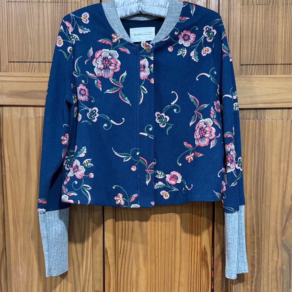 BCBGeneration Navy Embroidered Floral Blazer with Gray Trim